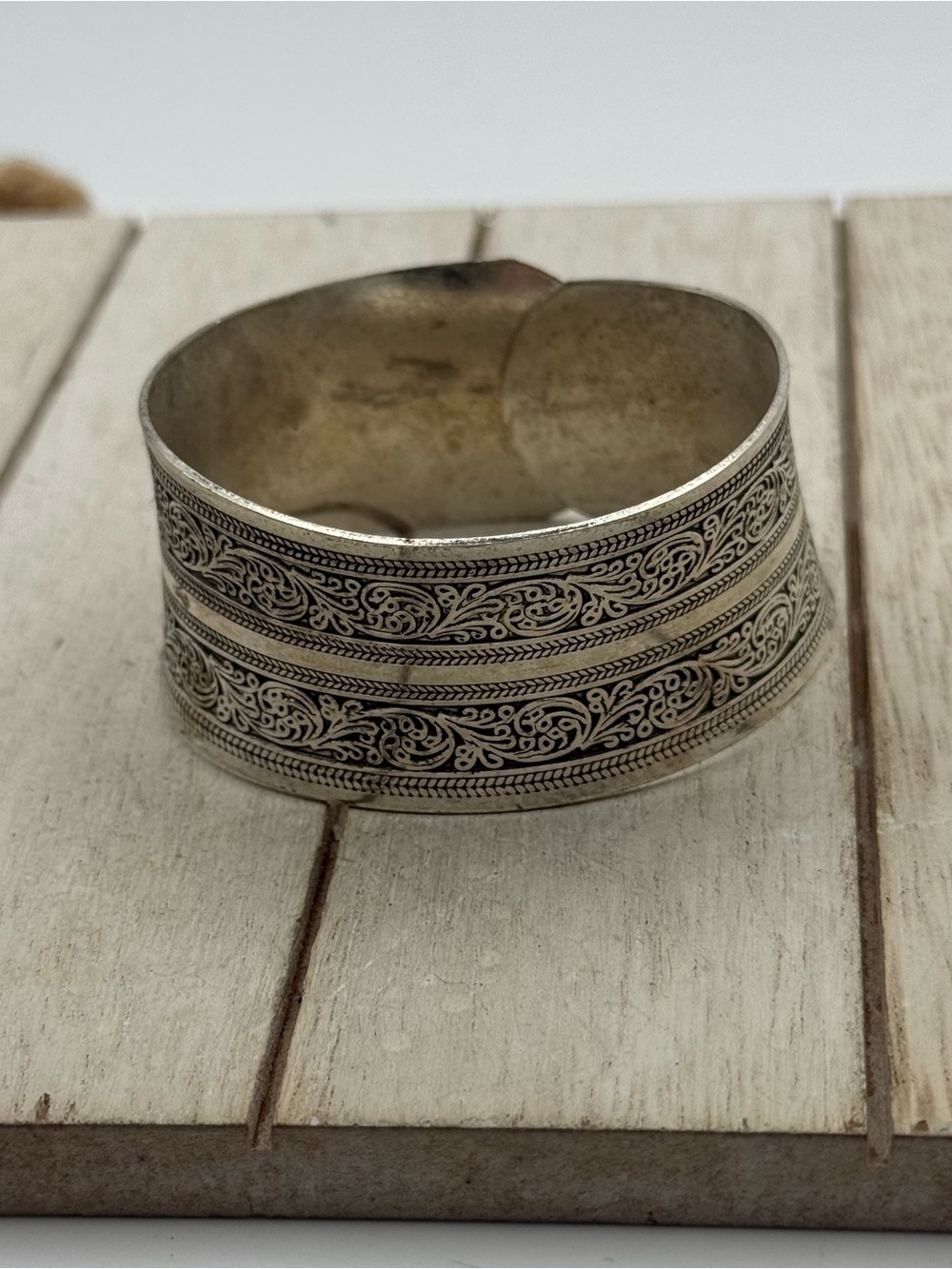 Vintage Intricate Engraved Silver-Tone Cuff Bracelet